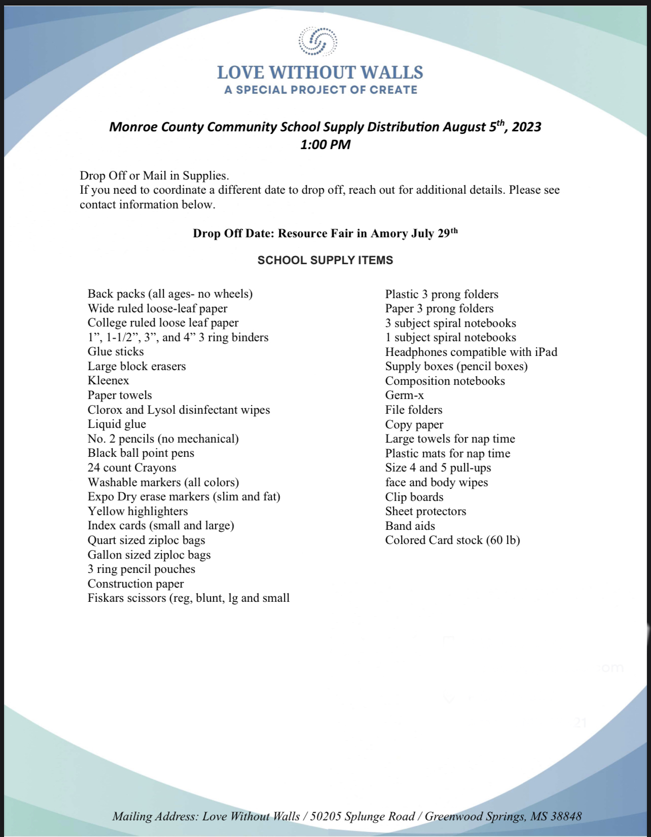 A list of school supplies needed in Monroe County for families impacted by recent storms.